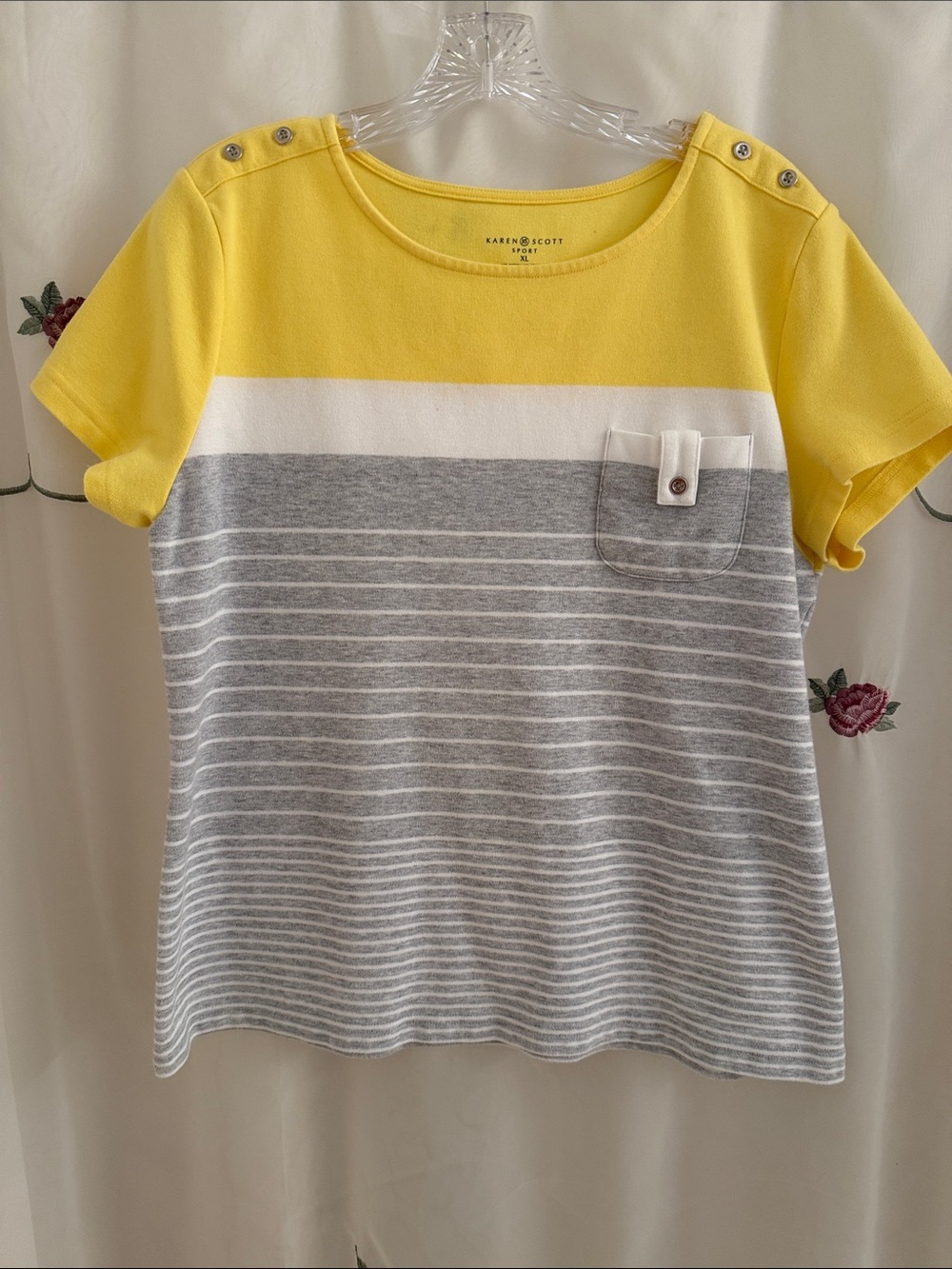 Karen Scott Yellow, White & Gray Striped Short Sleeve Tee